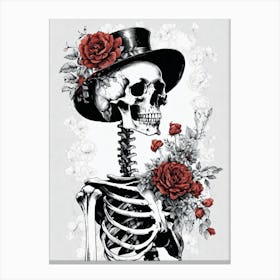Floral Skeleton With Hat Ink Painting (60) Canvas Print