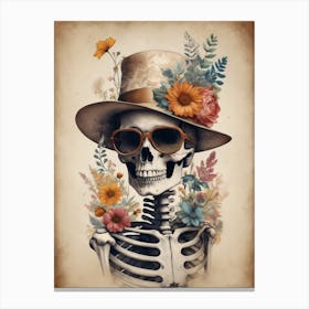 Vintage Floral Skeleton With Hat And Sunglasses (79) Canvas Print