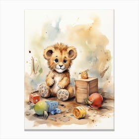 Playing With Wooden Toys Watercolour Lion Art Painting 3 Canvas Print