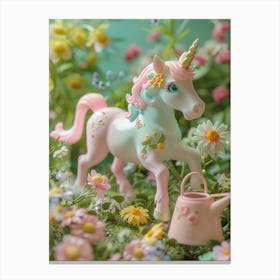 Toy Unicorn In The Garden Pastel Flowers Canvas Print