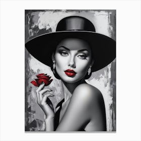 Woman In A Black Hat With Red Rose Canvas Print