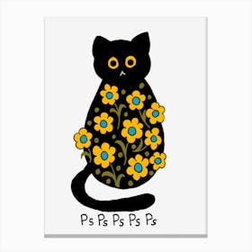 Adorable Black Cat With Attractive Yellow Flowers Psps Canvas Print