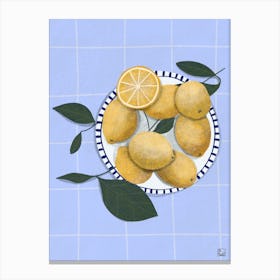 Lemons On Blue Tablecloth Canvas Print