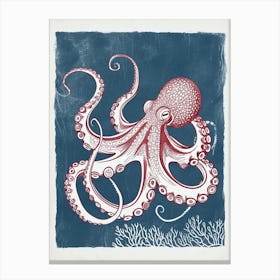 Linocut Inspired Navy Red Octopus With Coral 8 Canvas Print