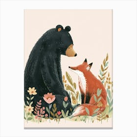 American Black Bear And A Fox Storybook Illustration 1 Canvas Print