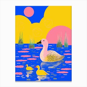 Blue Pink & Yellow Ducklings In The Pond Canvas Print