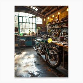 Motorcycle In A Workshop Canvas Print