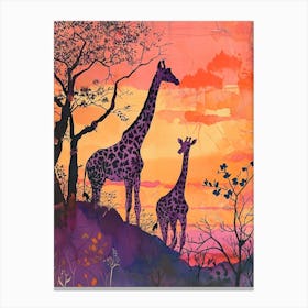 Two Giraffes At Sunset Purple 1 Canvas Print