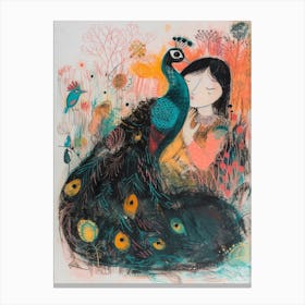 Peacock & Girl Sketch Canvas Print