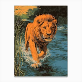 African Lion Relief Illustration Crossing A River 3 Canvas Print