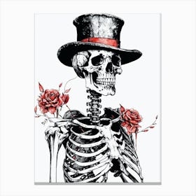 Floral Skeleton With Hat Ink Painting (37) Canvas Print