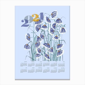 Linocut flowers light blue calendar 2024 Canvas Print