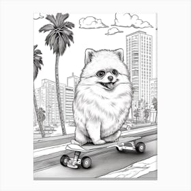 Pomeranian Dog Skateboarding Line Art 3 Canvas Print