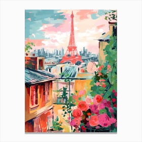 Rooftops Of Paris Eiffel Tower Travel Botanical France Painting Canvas Print
