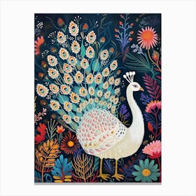 White Floral Folky Peacock 2 Canvas Print