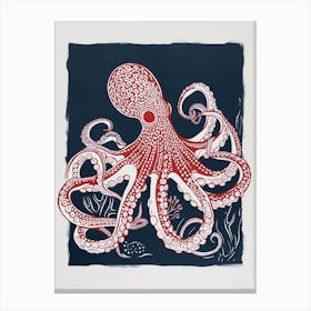 Navy Blue & Red Linocut Inspired Octopus 1 Canvas Print