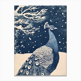 Blue Linocut Peacock Snow Scene 1 Canvas Print