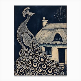Peacock By The Cottage Navy 1 Canvas Print