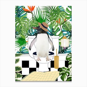 Penguin on Toilet Funny Animal Bathroom Canvas Print