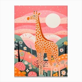 Giraffe With Trees In The Background Pink & Mustard 3 Canvas Print