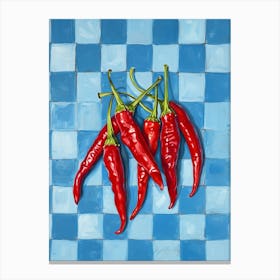 Red Chillis Blue Checkerboard 2 Canvas Print