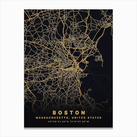 Boston Massachusetts USA Black And Gold Map Canvas Print