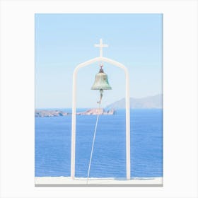 Milos, Greece I The church, its bell, its cross over Mediterranean sea and blue white architecture with a minimalist geometric mountain panorama photography and summer pastel aesthetic from Cyclades islands Canvas Print