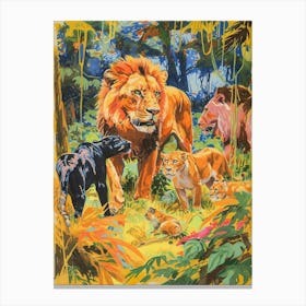 Asiatic Lion Interaction With Other Wildlife Fauvist Painting 1 Canvas Print