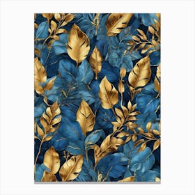 Blue And Gold Tropical Leaves Art Print 1 Canvas Print