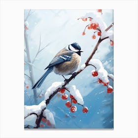 Lone Bird Perching On Snowy Branches 2 Canvas Print