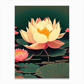 Blooming Lotus Flower In Lake Retro Illustration 3 Canvas Print