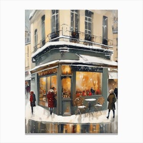 Paris cafes, winter season, Christmas, autumn oil colors, pale colors, pedestrians in the street, winter clothes, falling snow.Christmas decorations.5 Canvas Print