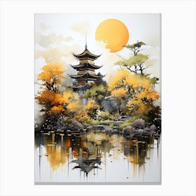 Kinkaku Ji (Golden Pavilion) In Kyoto, Japanese Brush Painting, Ukiyo E, Minimal 2 Canvas Print