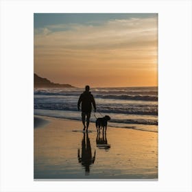 Man Walking Dog At Sunset Canvas Print