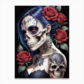 Sugar Skull Girl With Roses Painting (12) Canvas Print