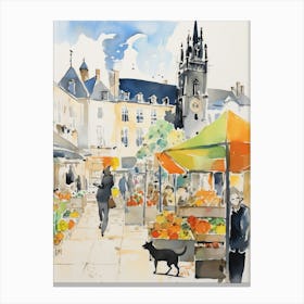 Food Market With Cats In Cambridge 2 Watercolour Canvas Print