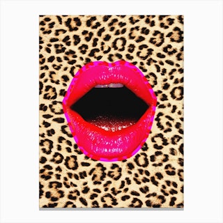 Leopard Hot Pink Lips Collage Brown Canvas Print