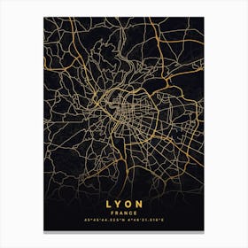 Lyon France Black And Gold Map Canvas Print