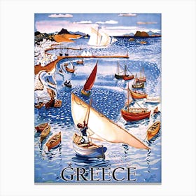 Greece, Boats Near The Coast Canvas Print