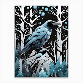 Crow In The Forest 1, Raven In The Forest, crow, crow in forest, crow in dark forest, bird in dark forest, black and grey Canvas Print