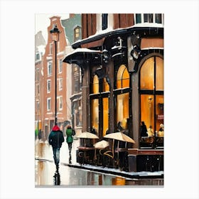 Amsterdam cafes, winter season, winter oil colors, pedestrians in the street, winter clothes, rain falling, Amsterdam print, Netherlands print, travel gift, Netherlands poster.9 11 Stampe su tela