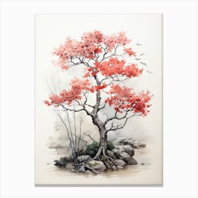 A Cherry Tree, Japanese Brush Painting, Ukiyo E, Minimal 4 Canvas Print