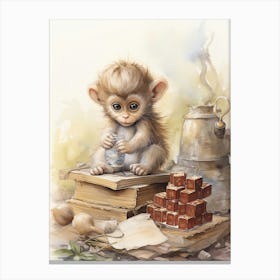 Monkey Painting Playing Chess Watercolour 3 Canvas Print