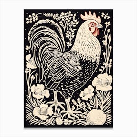B&W Bird Linocut Chicken 3 Canvas Print