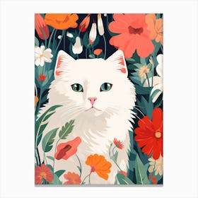 White Cat In Flowers 2 Canvas Print