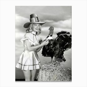 Beautiful Pin Up Girl With Thanksgiving Turkey Canvas Print