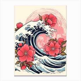 Great Wave With Rose Flower Drawing In The Style Of Ukiyo E 1 Canvas Print