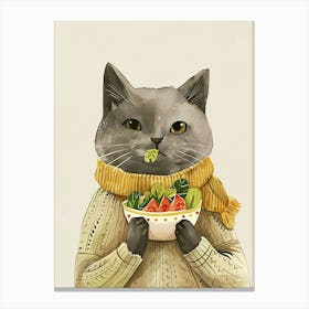 Cute Cat Eating Salad Folk Illustration 3 Canvas Print