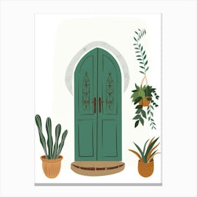 Green Door With Potted Plants 4 Canvas Print