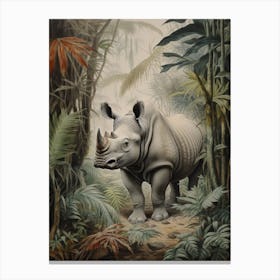 Grey Rhino Walking Through The Leafy Nature 1 Canvas Print